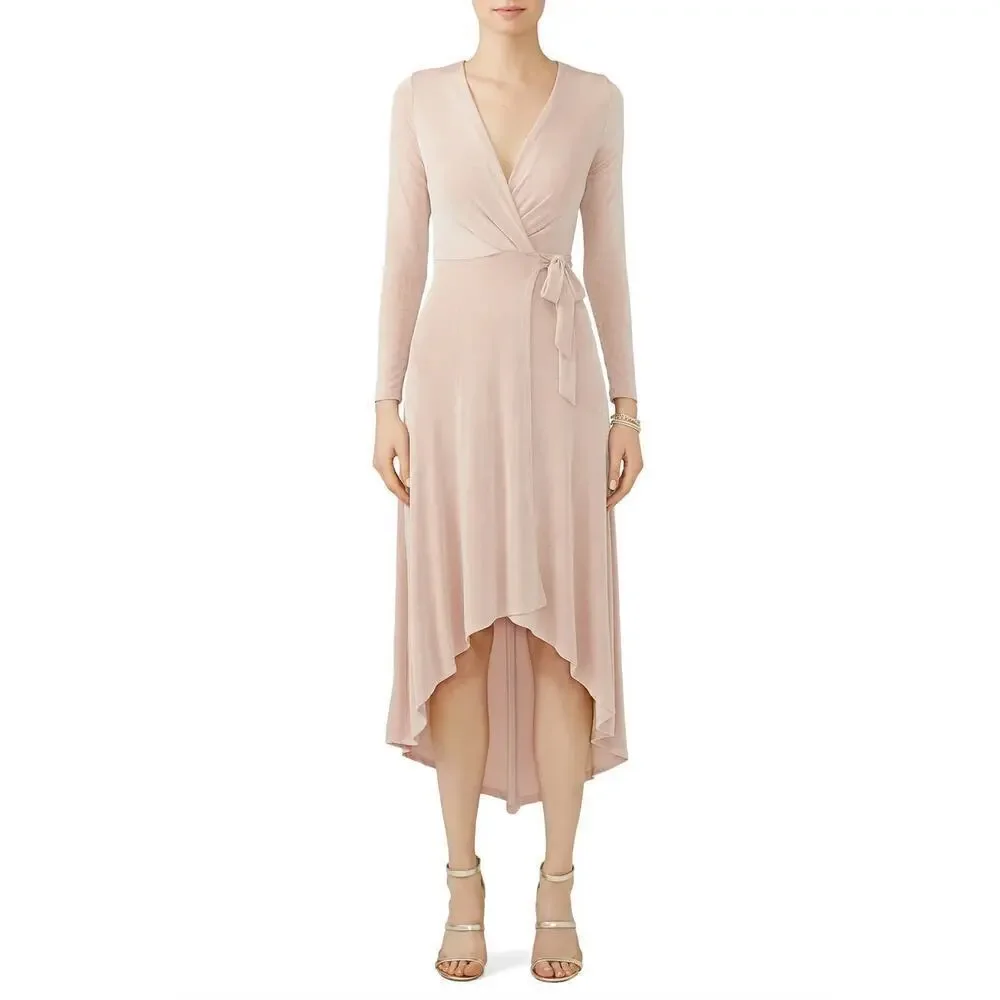 ASTR Melonie Dress Knit Long Sleeve Surplice Neck High Low Hem Wrap Maxi Pink S